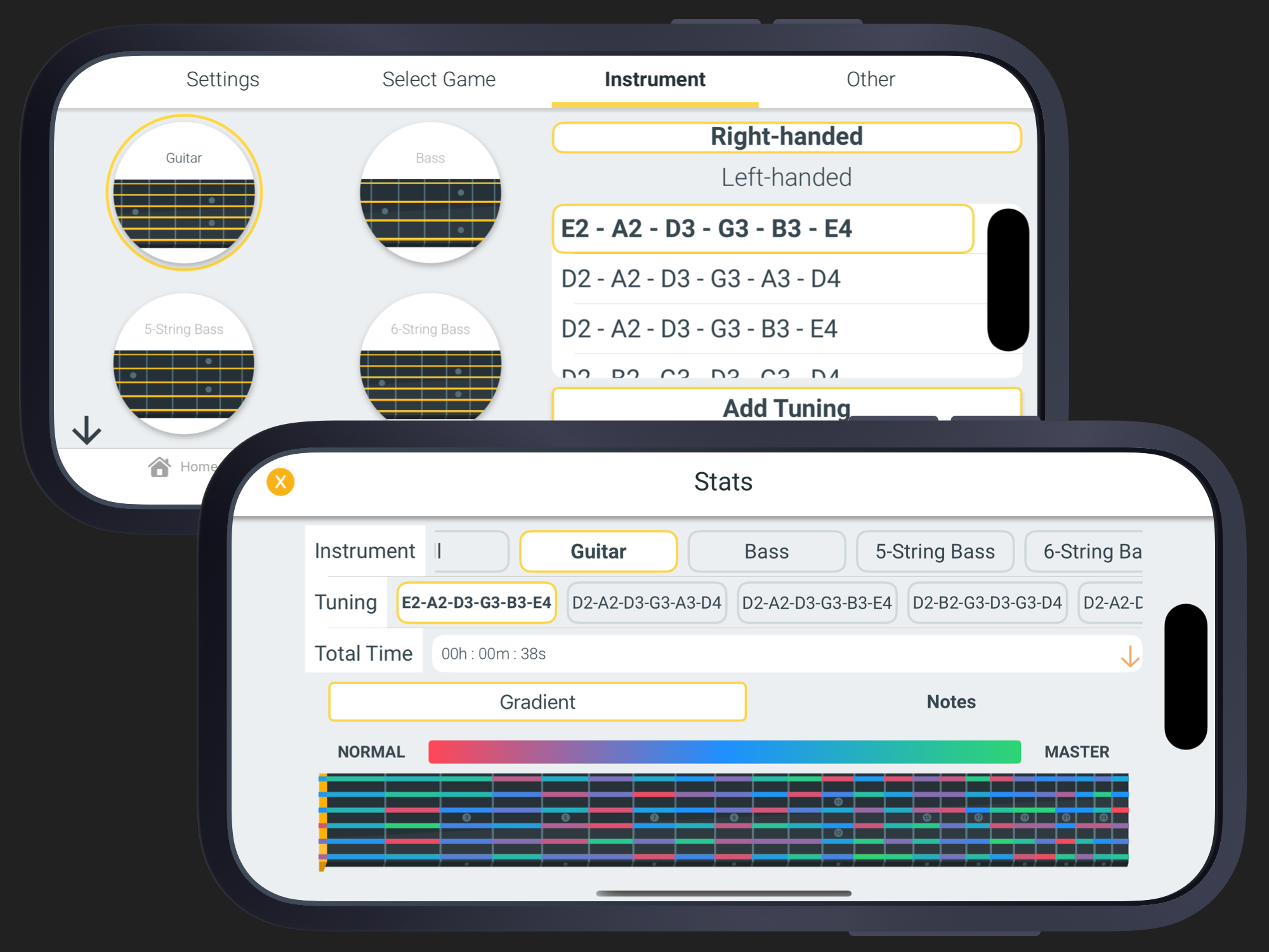 Multi-instrument support including guitar, bass, ukulele, mandolin, and banjo