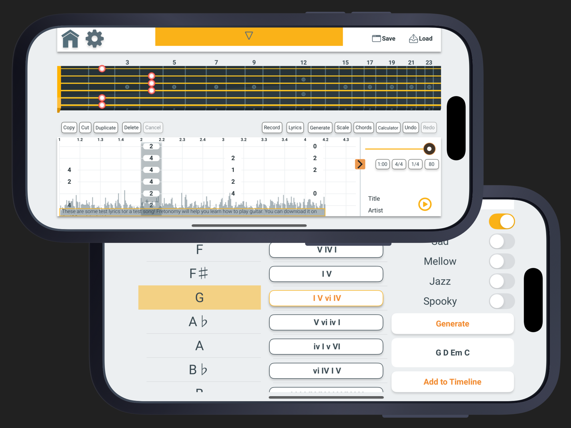 Songwriting and chord progression tools in Fretonomy